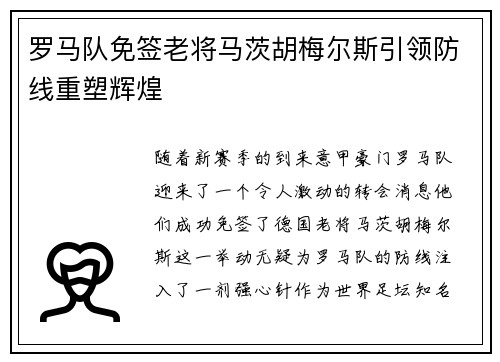 罗马队免签老将马茨胡梅尔斯引领防线重塑辉煌